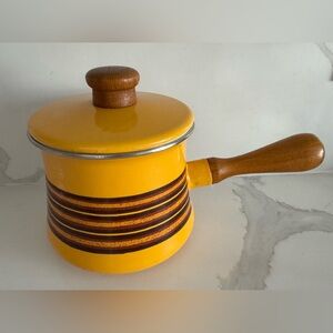 Vintage 70s Levcoware Enamel Fondue Pot Lid Wood Handle orange yellow japan rare